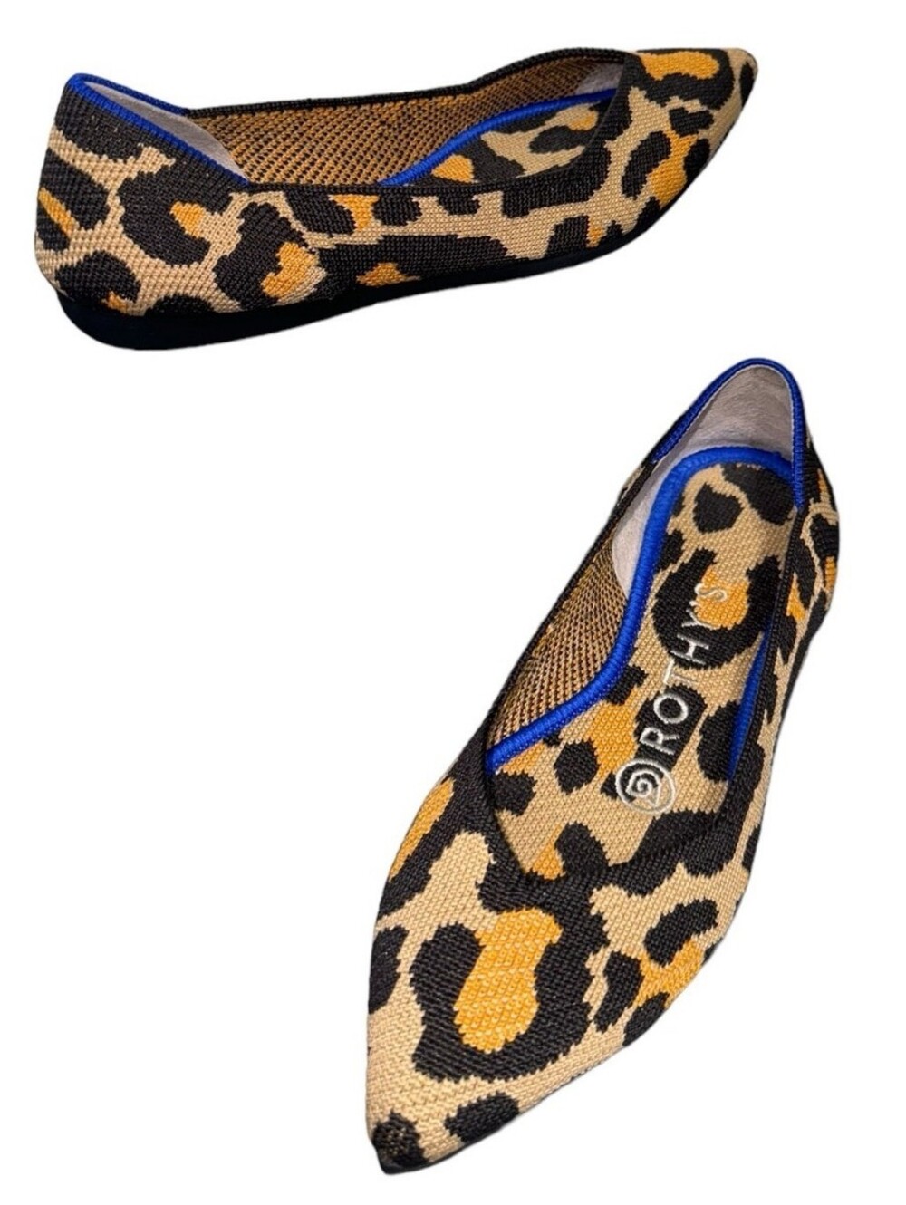 Rothy's Leopard Pointed-Toe Ballet Flats - Black, Tan & Gold 9.5
